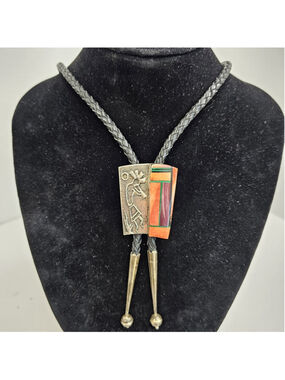 Frank Yellowhorse Signed Navajo Sterling Silver Multi Stone Inlay Bolo Tie
